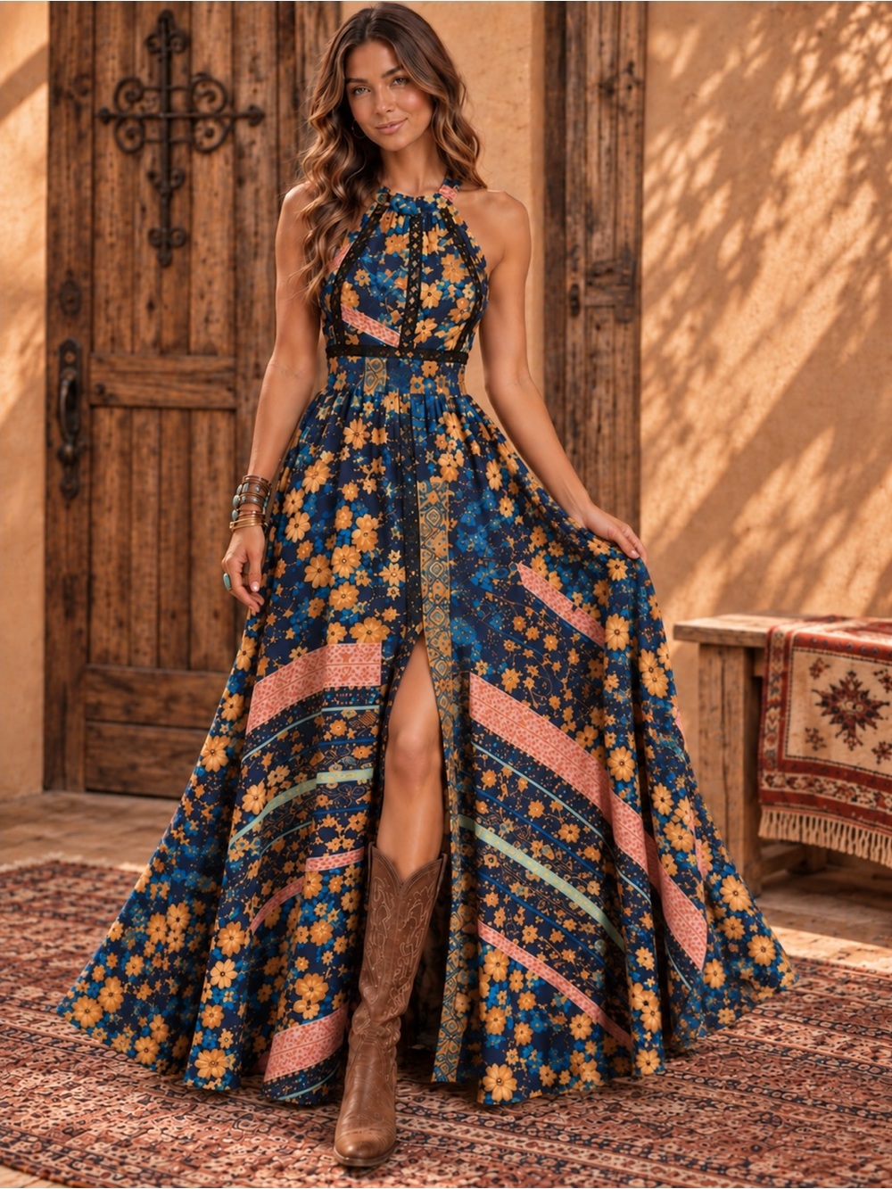 NWT Jaase M Boho Floral Patchwork Maxi Dress Halter Open Back Lace